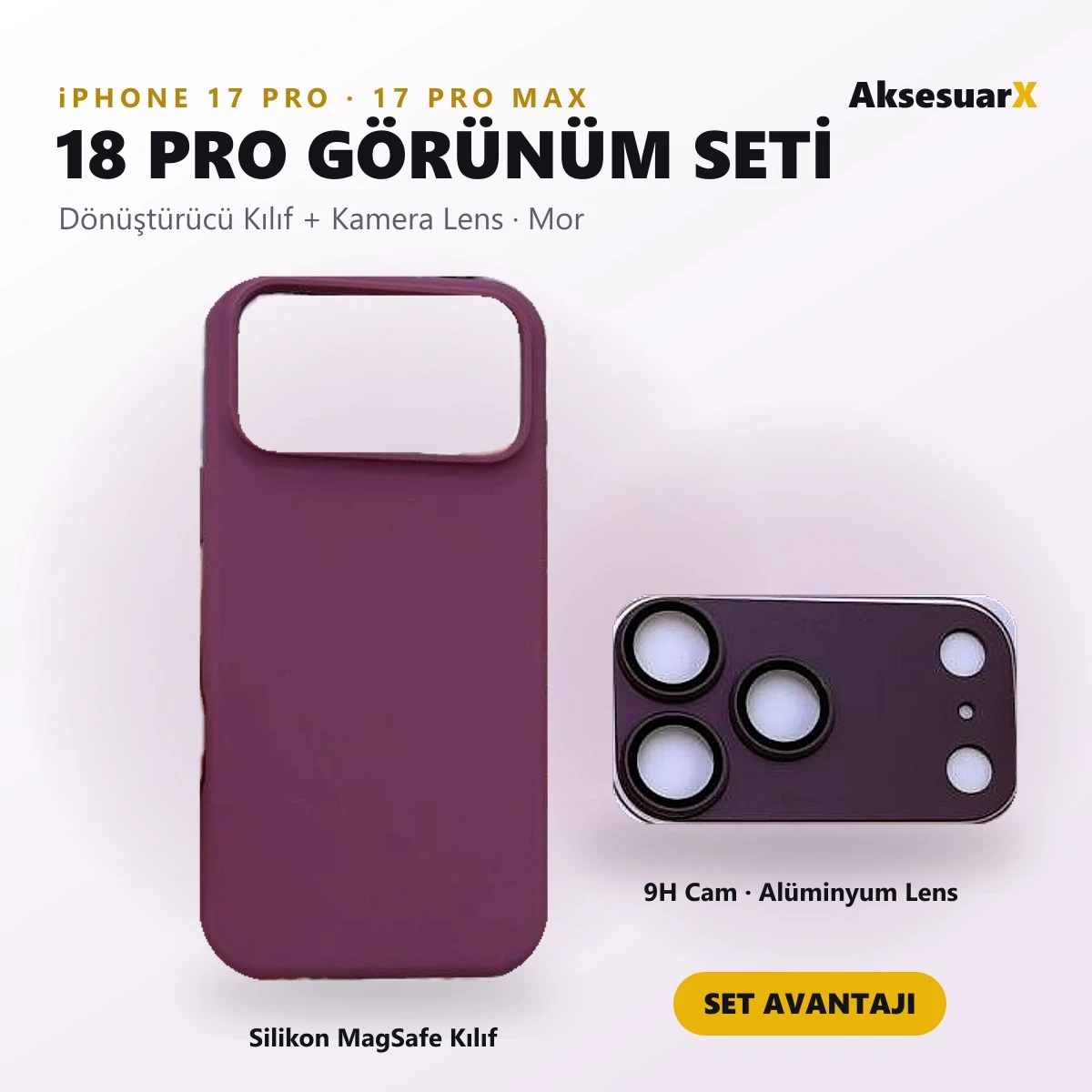 iPhone 17 Pro / 17 Pro Max → 18 Pro Dönüştürücü Set (Kılıf + Kamera Lens) – Mor