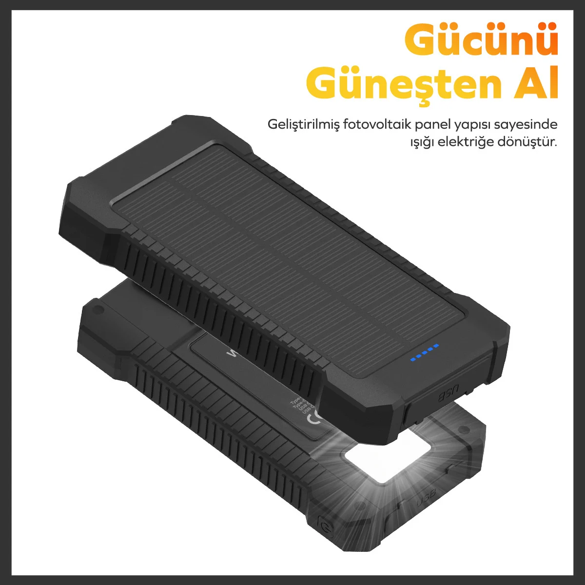 Woyax by Deji 10000 mAh Güneş Enerjili Solar Powerbank – LED El Fenerli